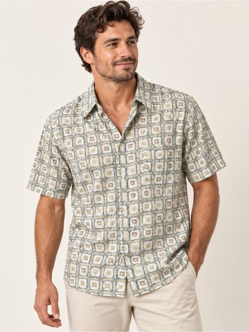 Y2K Vintage Louis Richard Honolulu Geometric Cotton Lawn Shirt M